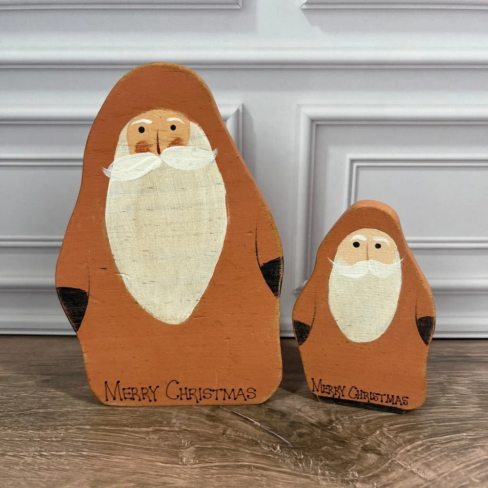 Hand‎ Painted Santa Figurines Orange Tabletop Primitive Rustic Wood Set of 2
